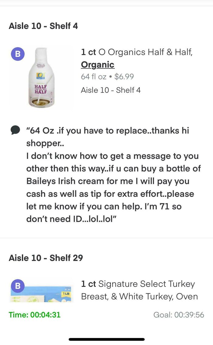 Instacart shopper note with a request for Baileys Irish Cream as a replacement, offering cash and a tip.
