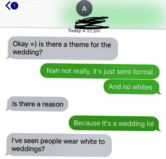 Text conversation about wedding attire with possible terrible guest misunderstanding dress code.