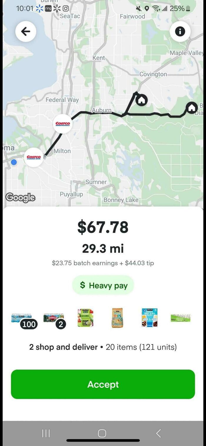 Instacart shopper's app screen: $67.78 for 29.3 miles, heavy pay; 2 shop and deliver tasks with 20 items (121 units).