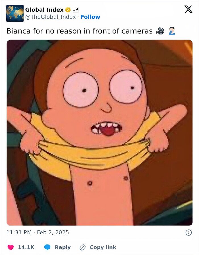 Cartoon character lifting shirt in a humorous reaction post to the 2025 Grammys.