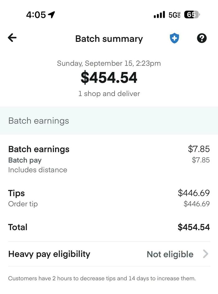 Instacart shopper batch summary showing $454.54 earnings with $446.69 in tips on September 15.