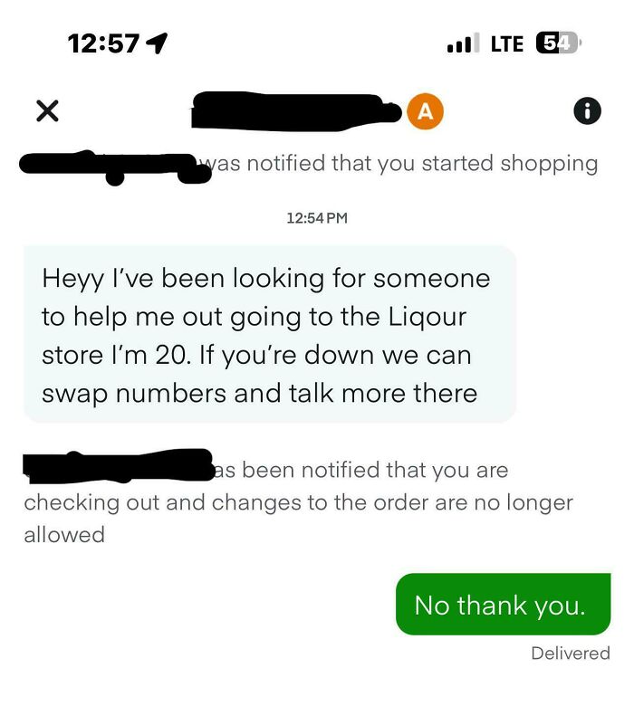 Instacart shopper receives unusual message from customer asking for help buying liquor, replies with "No thank you."