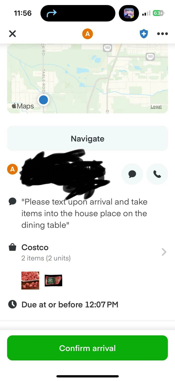 Instacart delivery app with customer instructions for placing items on the dining table, showing delivery time and location.
