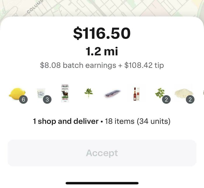 Instacart shopper app screen showing $116.50 for 1.2 mi delivery, highlighting earnings and tip breakdown.