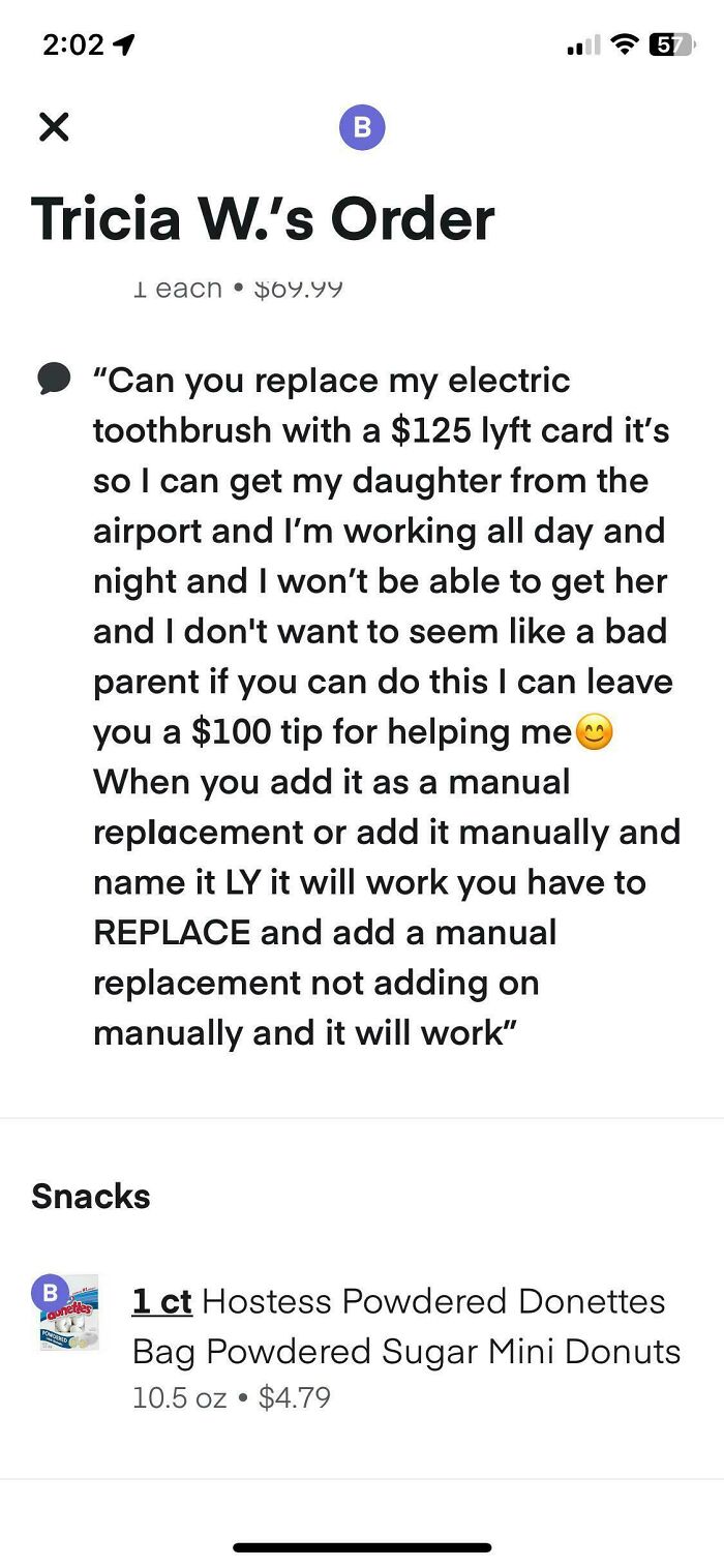 Instacart shopper order request for replacing item with a Lyft card, offering a $100 tip.