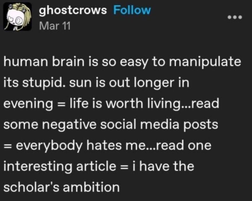 Mental health meme about the human brain's susceptibility to mood changes influenced by external factors.