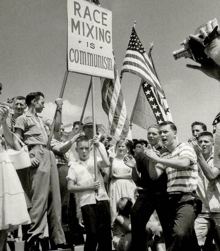 Protest crowd holding controversial sign and flags, representing historical civil rights tensions.