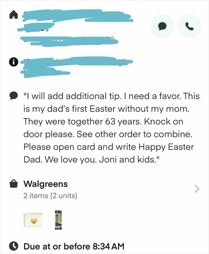 Instacart shopper receives a heartfelt message about a father's first Easter without his wife, requesting card delivery.