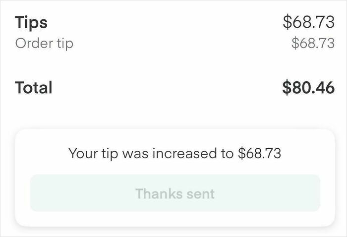Instacart shopper's receipt showing a generous tip of $68.73, with total payment of $80.46.