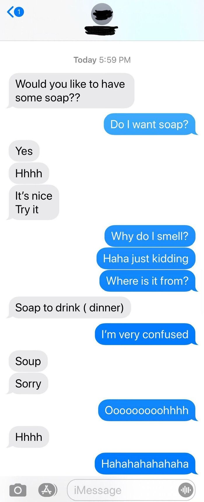 Text exchange with a hilarious misunderstanding about "soap" instead of "soup."