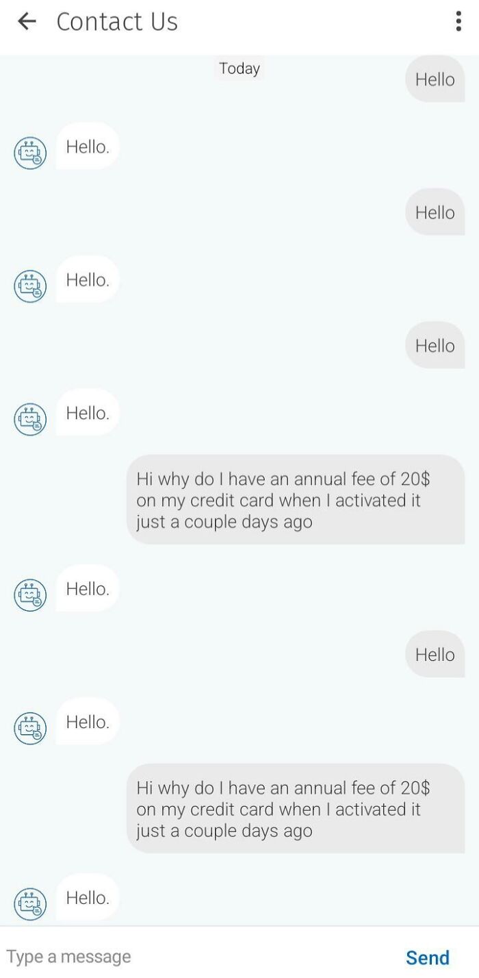Chat screen showing a repetitive and useless customer support interaction with repeated hello messages.