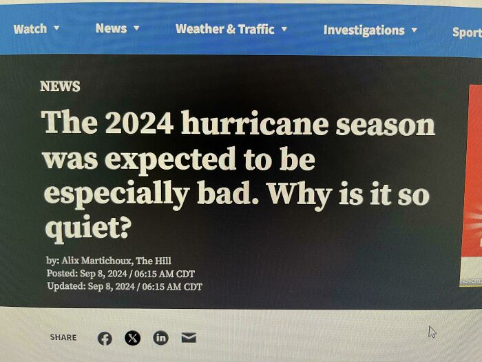 News headline about 2024 hurricane season predictions, questioning quiet outcome.