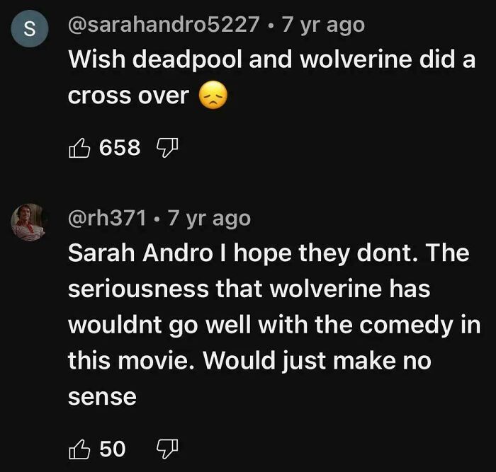 "Comment predicting Deadpool and Wolverine crossover would be a bad fit, showcasing future predictions aged bad."