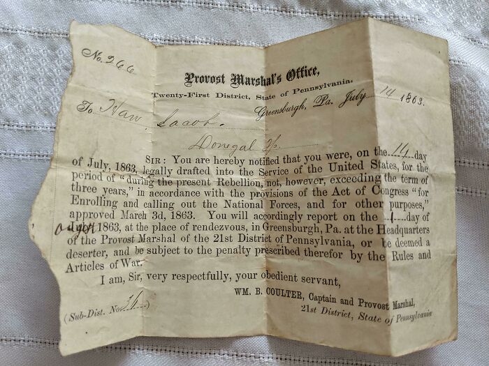 Draft notice from 1863 issued by the Provost Marshal's Office, showcasing historical cool-old-things.