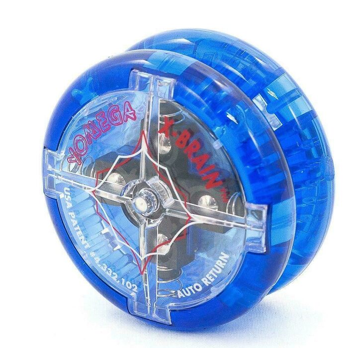 Blue X-Brain yo-yo from the '90s, featuring clear casing with visible mechanics and red logo.