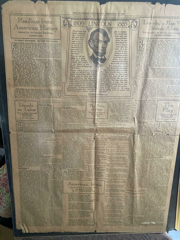 Old newspaper featuring Abraham Lincoln, a fascinating piece of cool-old-things showcasing historical articles and illustrations.