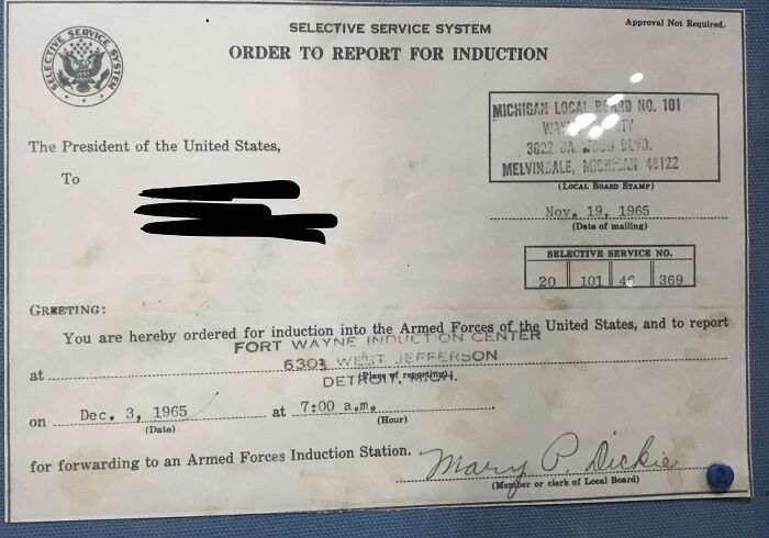 Selective Service induction notice from 1965; a piece of Cool-Old-Things showcasing military history documentation.