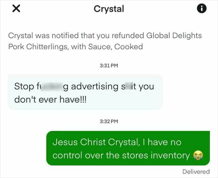 Instacart shopper exchanges texts with customer about unavailable items, refund processed, customer frustrated.