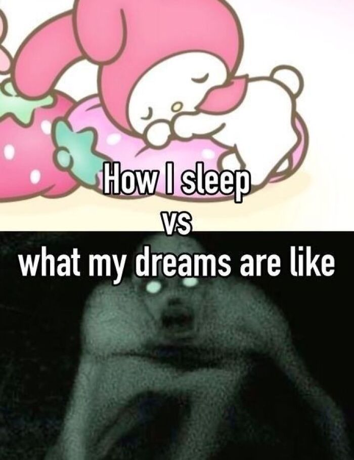 Cartoon character sleeping peacefully above creepy figure; Funny Silly Facebook Memes contrast.