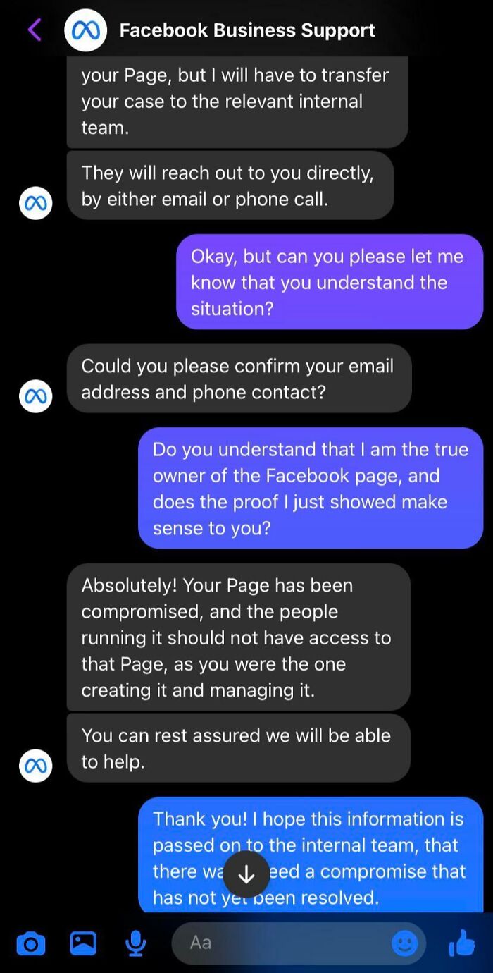 Chat support conversation discussing page compromise and transfer to internal team, causing frustration.