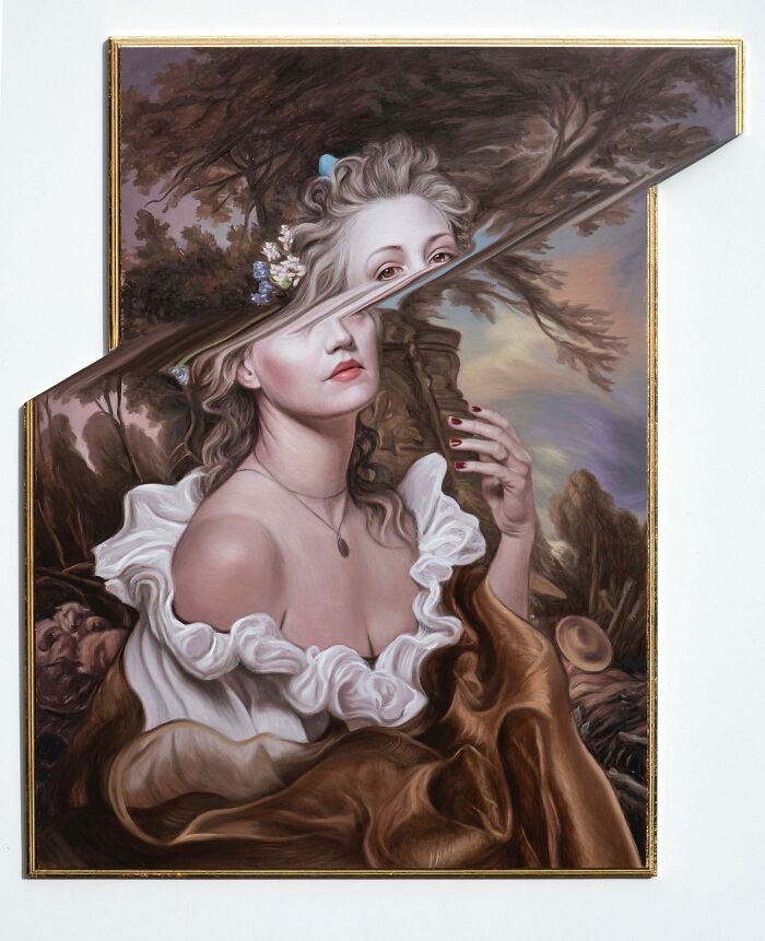 Classical portrait with a distorted twist, featuring a woman in a ruffled dress and a shifted face on a landscape background.