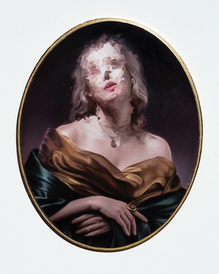 Classical portrait with distorted twist, featuring a woman in elegant attire, painted with unique artistic style.