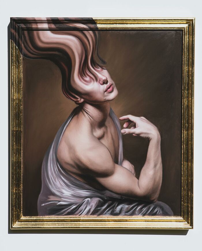 Distorted classical portrait painting with blurred facial features in a golden frame.