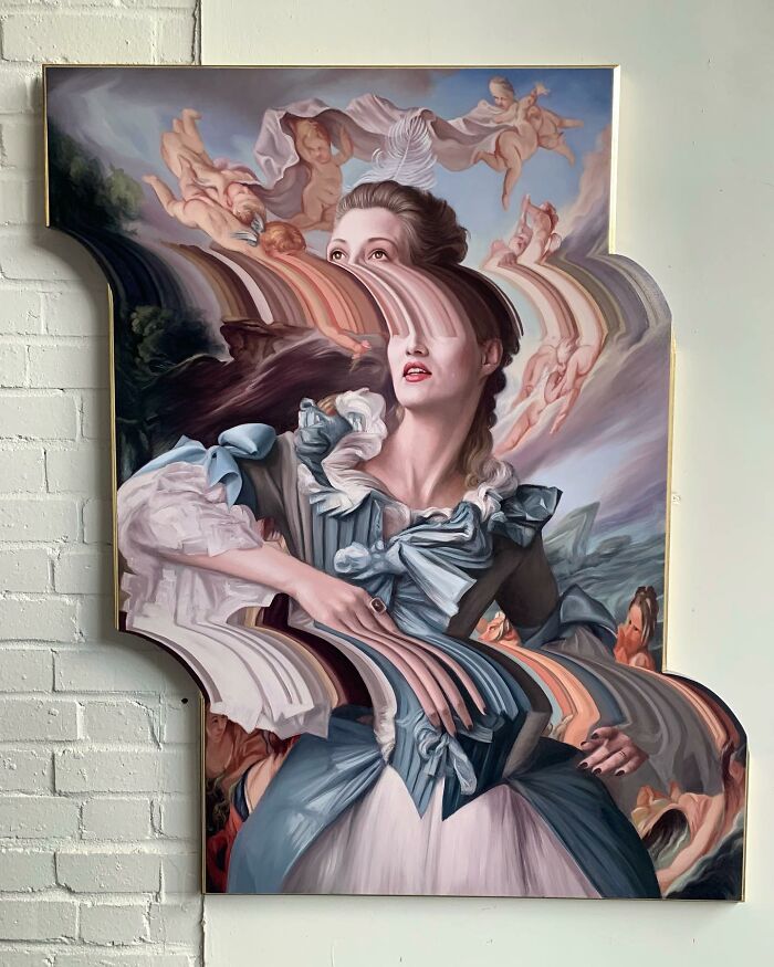 Classical portrait with distorted twist; a woman in historical attire with surreal, warped features and cherubs in the background.