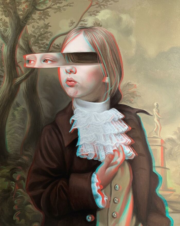 Classical portrait with a distorted twist, featuring a young person's face unusually altered, set in a traditional background.