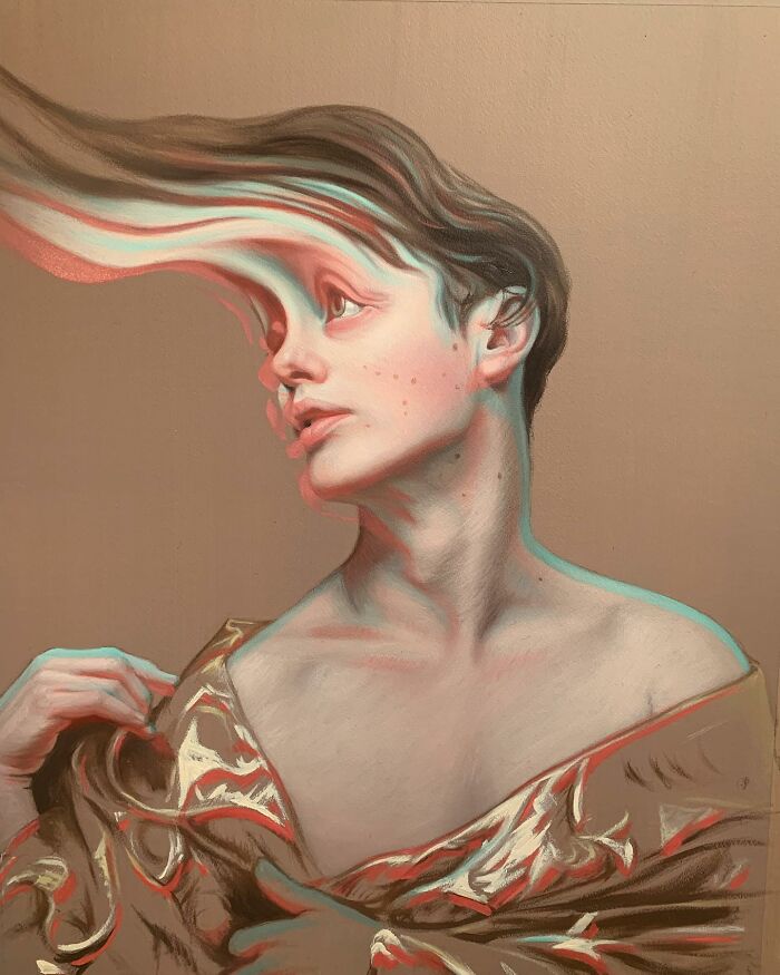 Classical portrait with a distorted twist, featuring a unique swirling effect on the subject's hair and clothing.