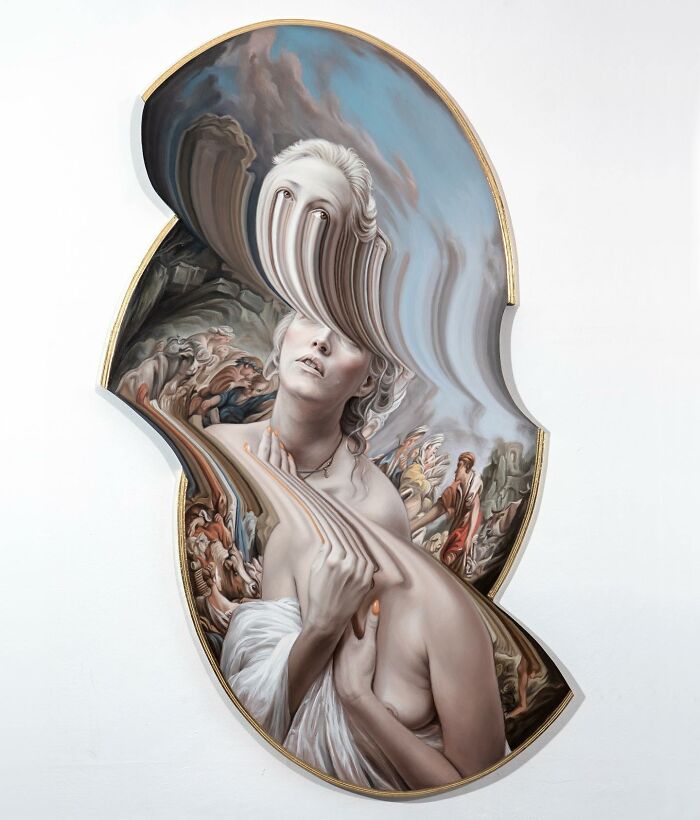 Classical portrait with a distorted twist, featuring a woman in a dynamic, warped design against a dramatic background.