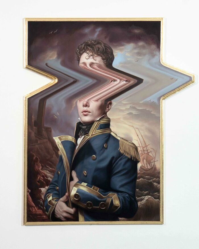 A classical portrait with a distorted twist, featuring a naval officer against a stormy backdrop.