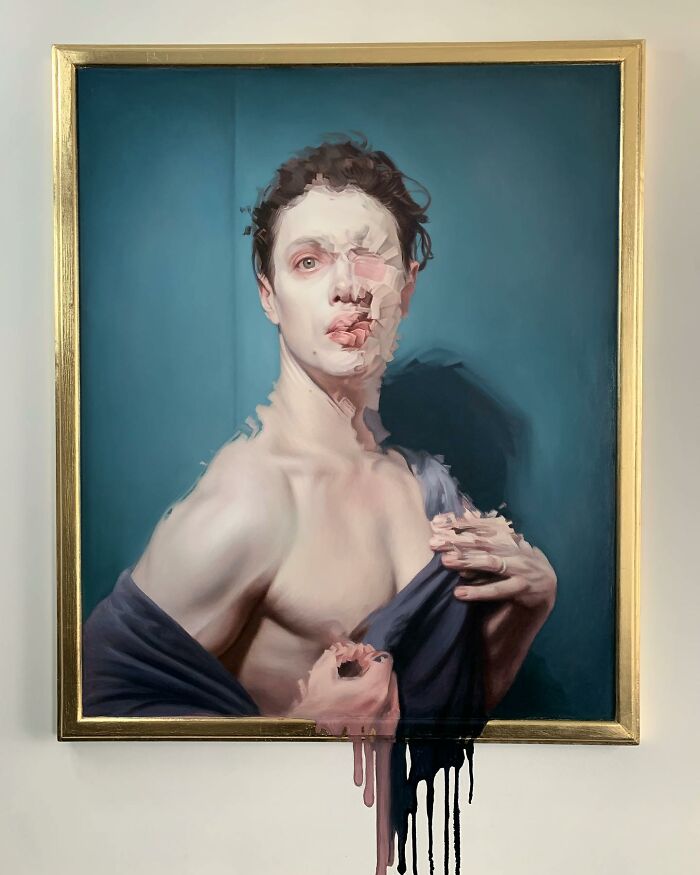 Classical portrait with a distorted twist, showing a figure with a blurred face and dripping paint effect.