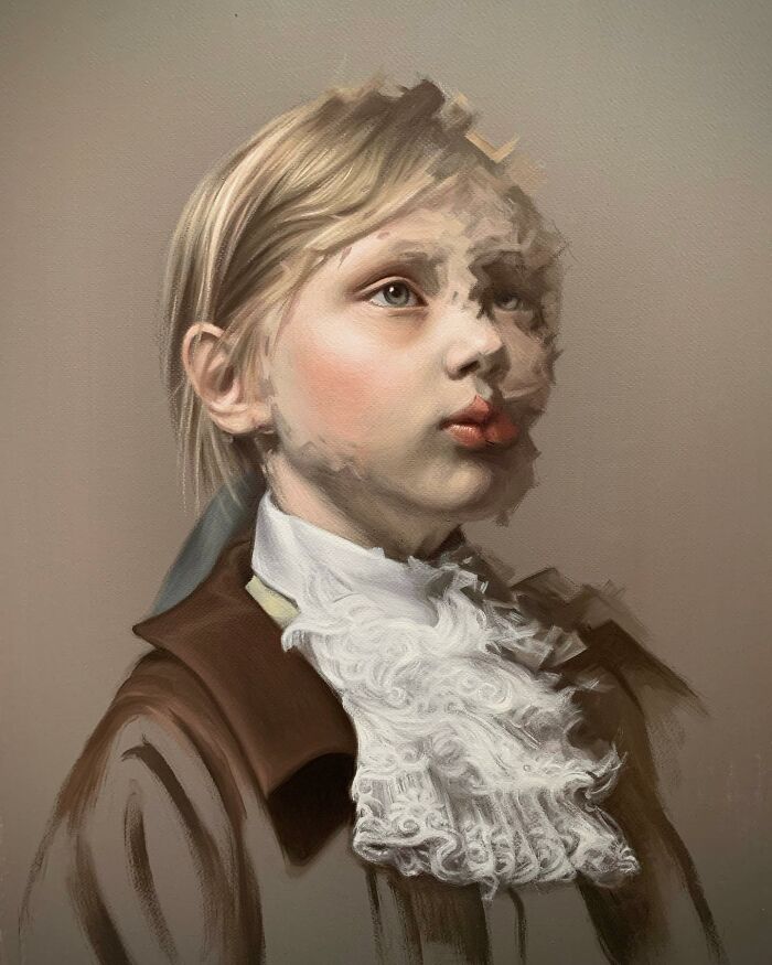 Classical portrait with a distorted twist, featuring a young person wearing period clothing in an artistic style.