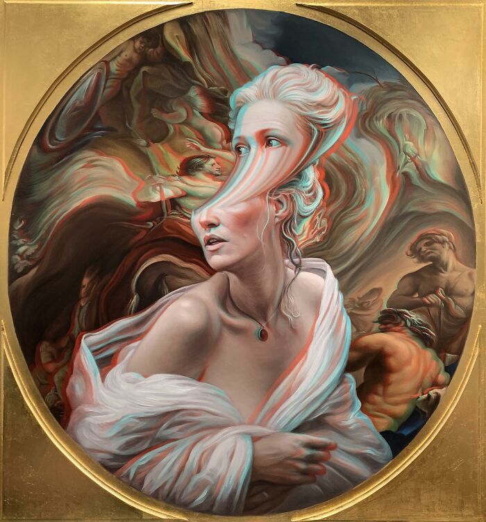 Classical portrait painting with a distorted twist, featuring a woman in a dynamic, swirling background.