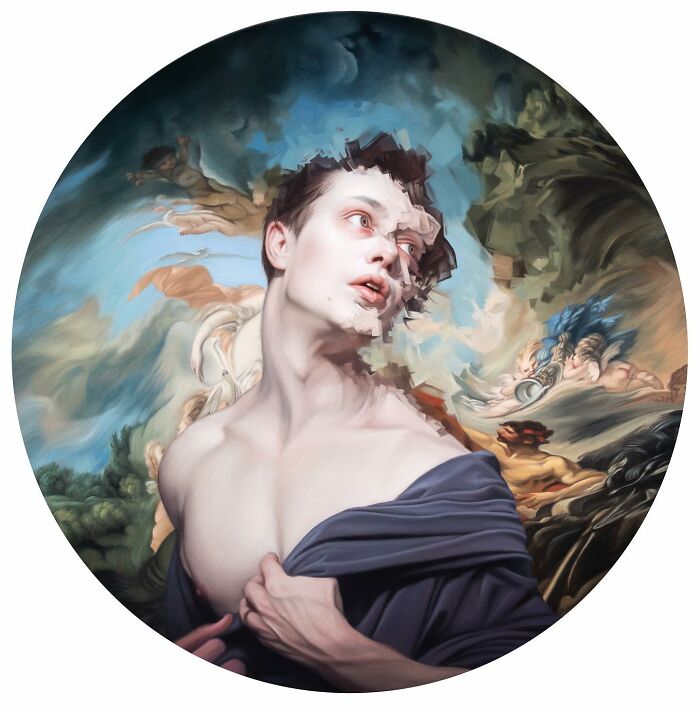 A distorted classical portrait of a person against a colorful sky and clouds backdrop.