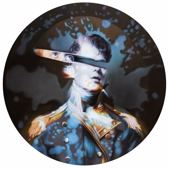 Classical portrait with a distorted twist, featuring a figure in ornate attire with a surreal sliced effect.