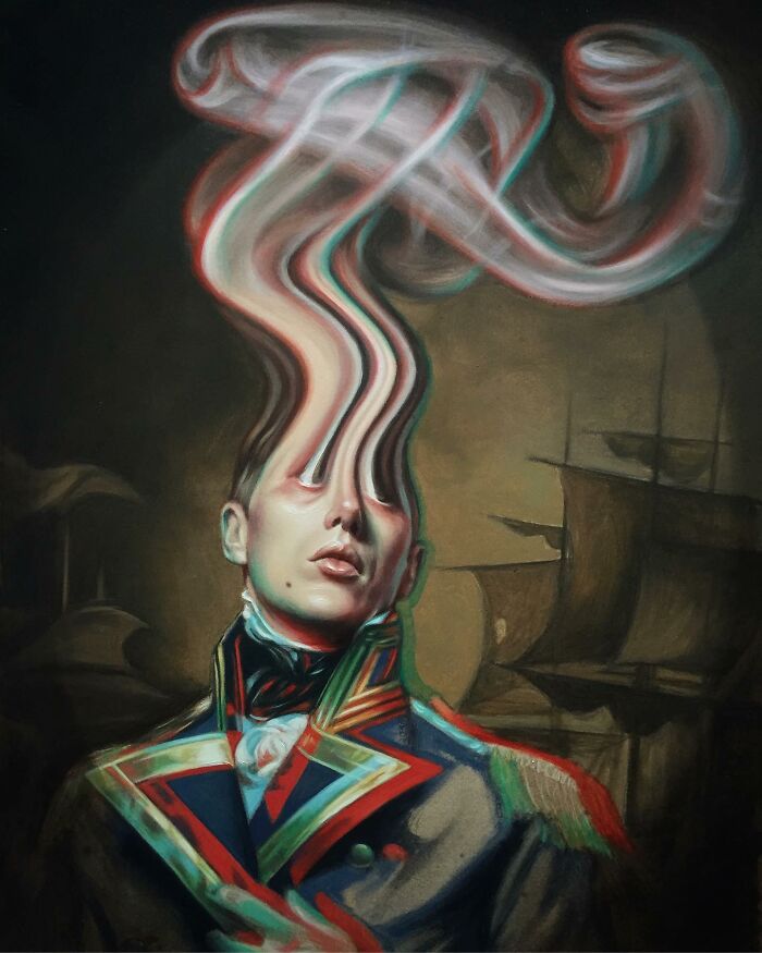 Classical portrait with a distorted twist, featuring a figure in naval attire with melting facial features.