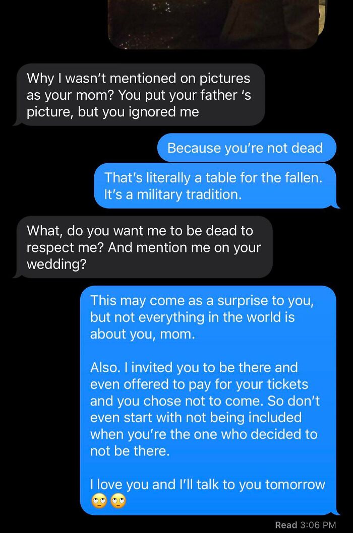 Text conversation showing conflict over wedding details, highlighting terrible guests issue.