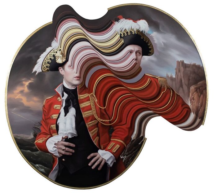 Classical portrait with a distorted twist, featuring a figure in a red historical outfit and tricorn hat.