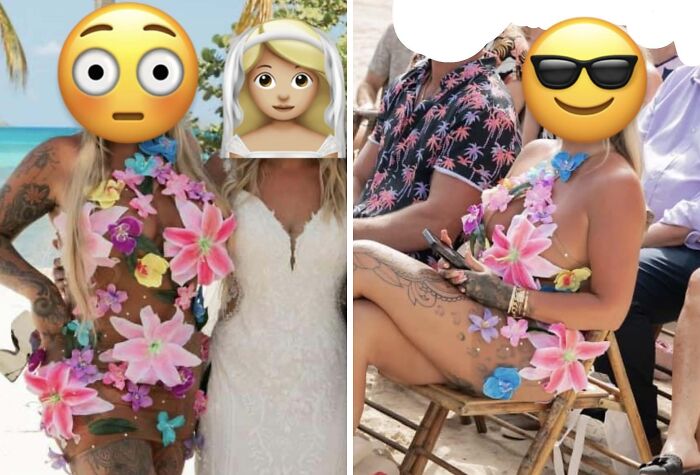 Guest in floral outfit at a wedding, adorned with tattoos, seated among other guests, showcasing wedding-terrible-guests theme.