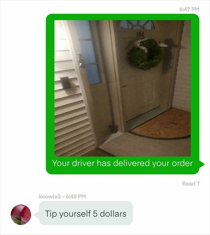 Instacart shopper text exchange showing delivered order photo and tip message.