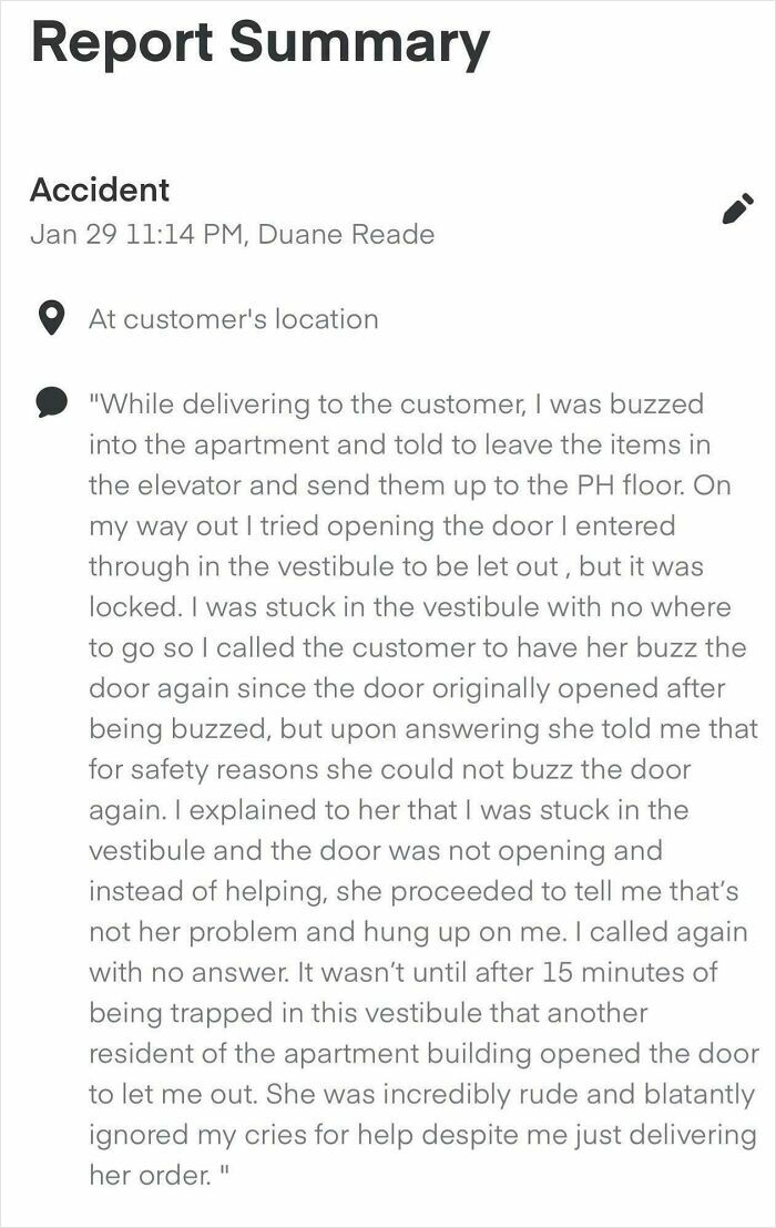 Text screenshot of an Instacart shopper's report detailing a challenging delivery experience.
