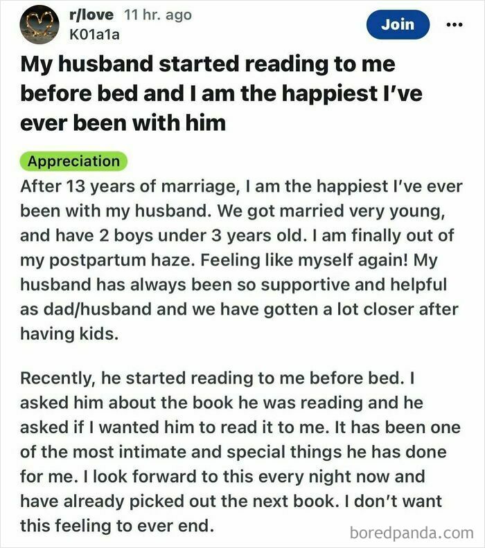 A heartfelt post about love and appreciation, featuring a husband reading to his wife before bed.