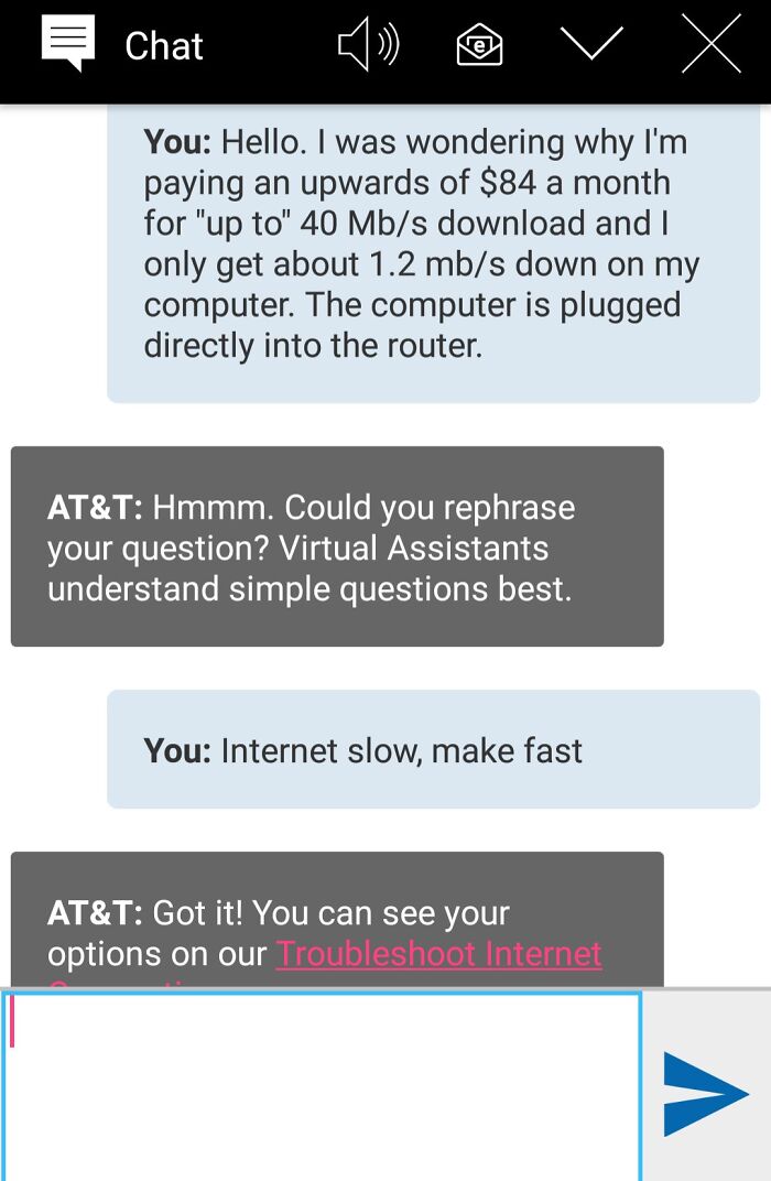 Chat screen showing a customer support interaction with AT&T about slow internet speed troubleshooting.