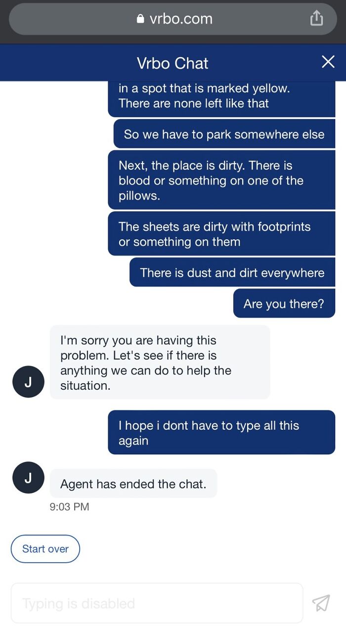 Customer support chat showing a user reporting issues with dirty sheets and an agent abruptly ending the conversation.