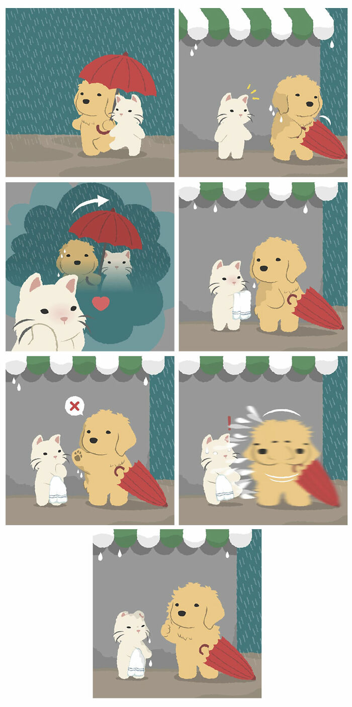 Cute human-like animals in a fun comic strip sharing an umbrella and showing kindness on a rainy day.