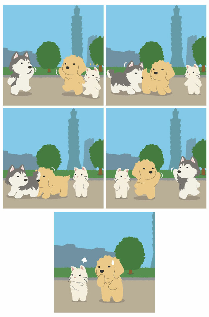 Cute human-like animals including a dog, cat, and husky interact playfully in a colorful outdoor comics scene.