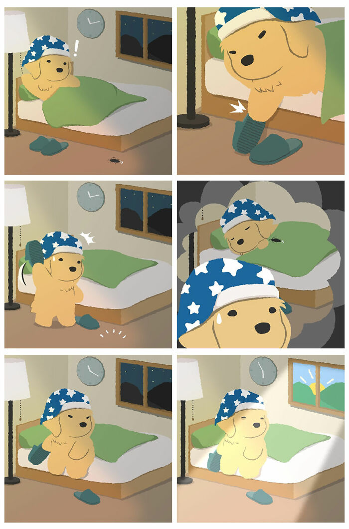 Cute human-like dog waking up, removing slippers, and reacting to a bug in this fun comic strip illustration.