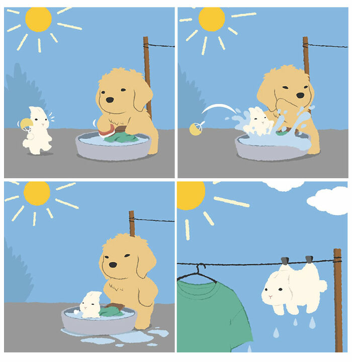 Cute human-like animals in a fun comic strip with a dog washing a bunny and hanging it on a clothesline to dry.